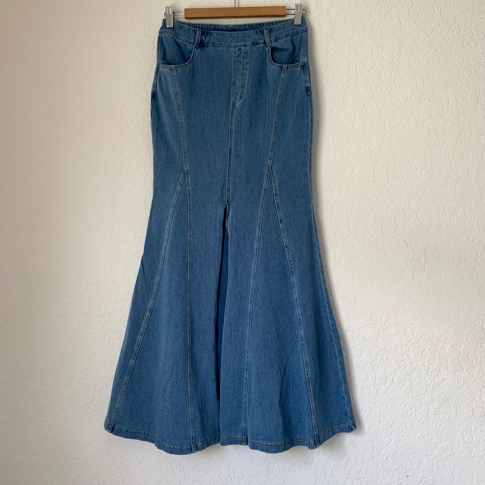 Halara Denim Maxi Skirt Women S Tall Blue High Waist Slit Cowgirl Western Rodeo
